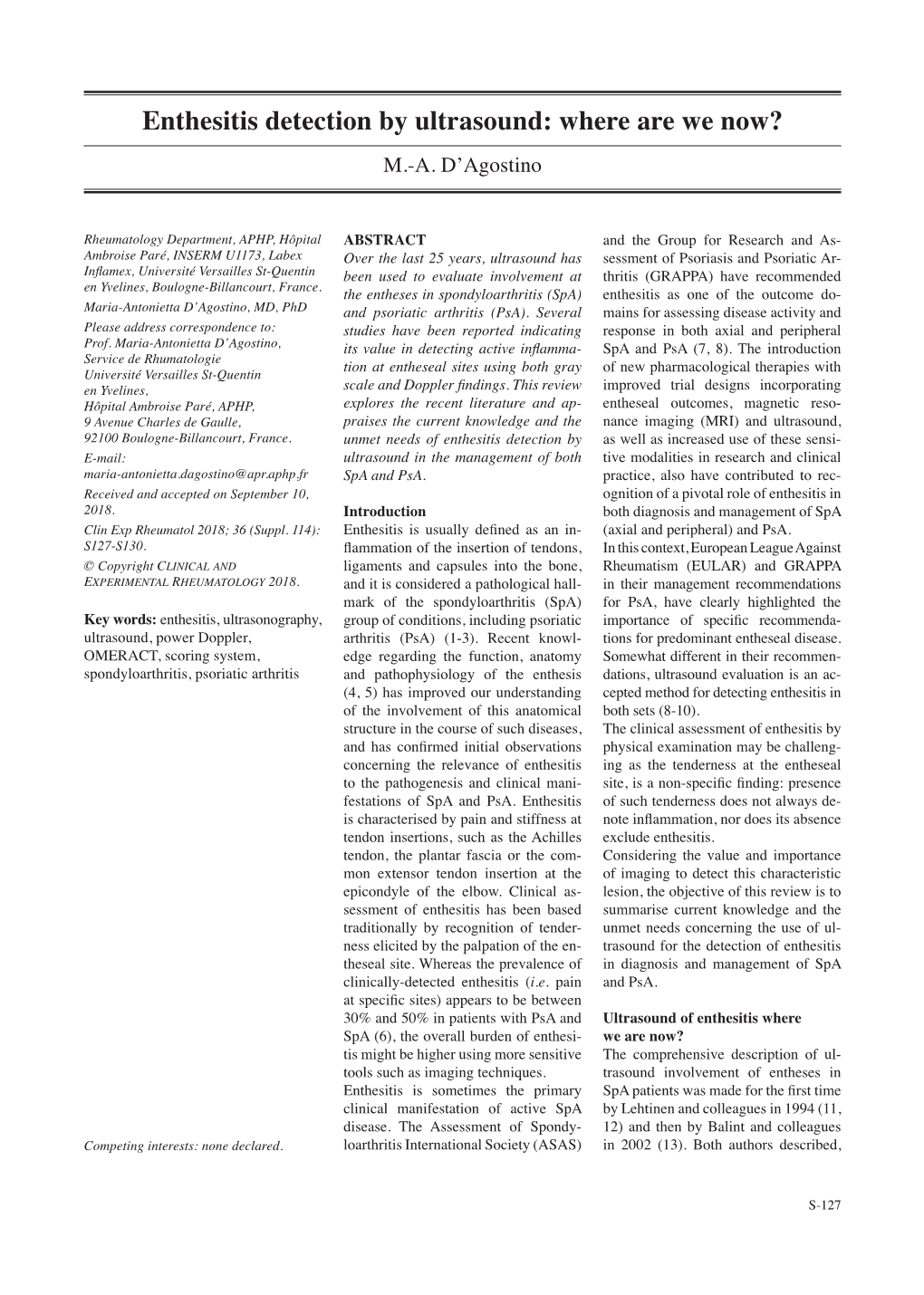 Enthesitis Detection by Ultrasound: Where Are We Now? M.-A