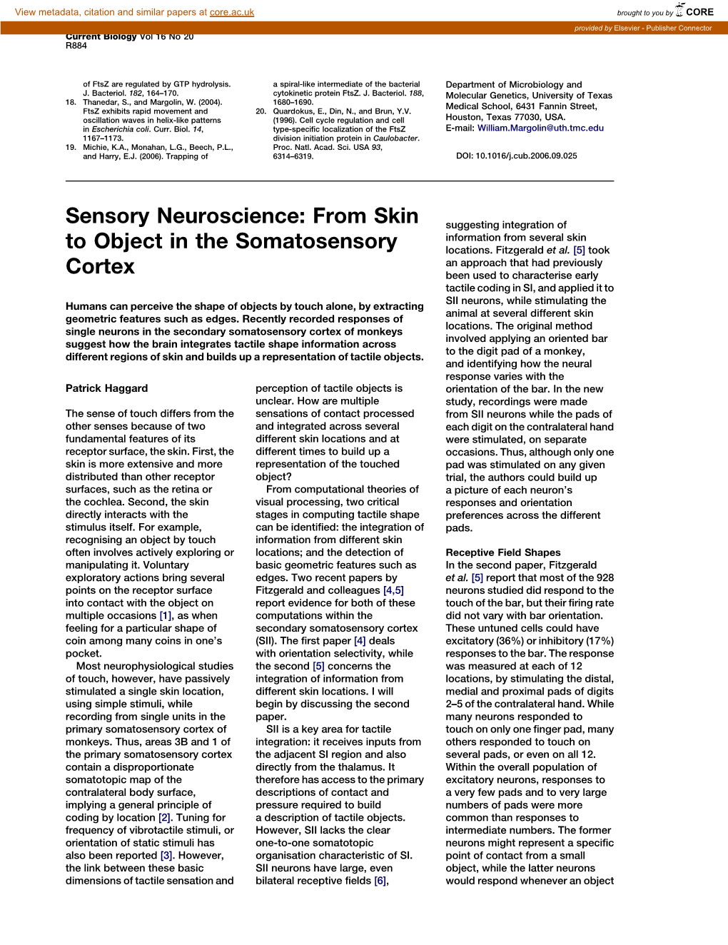 Sensory Neuroscience: from Skin to Object in the Somatosensory Cortex