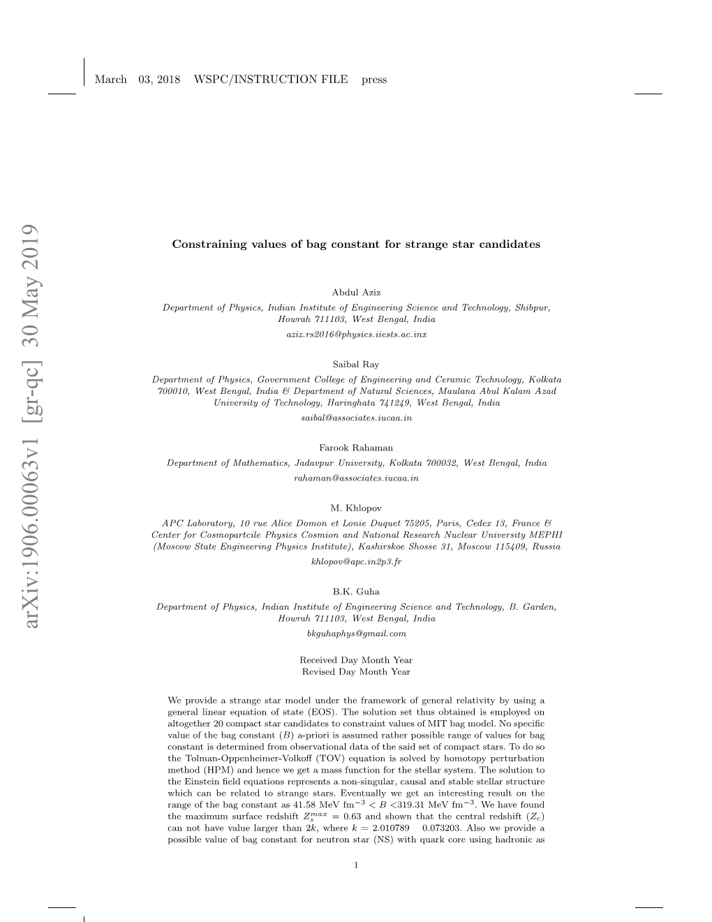 Arxiv:1906.00063V1 [Gr-Qc]