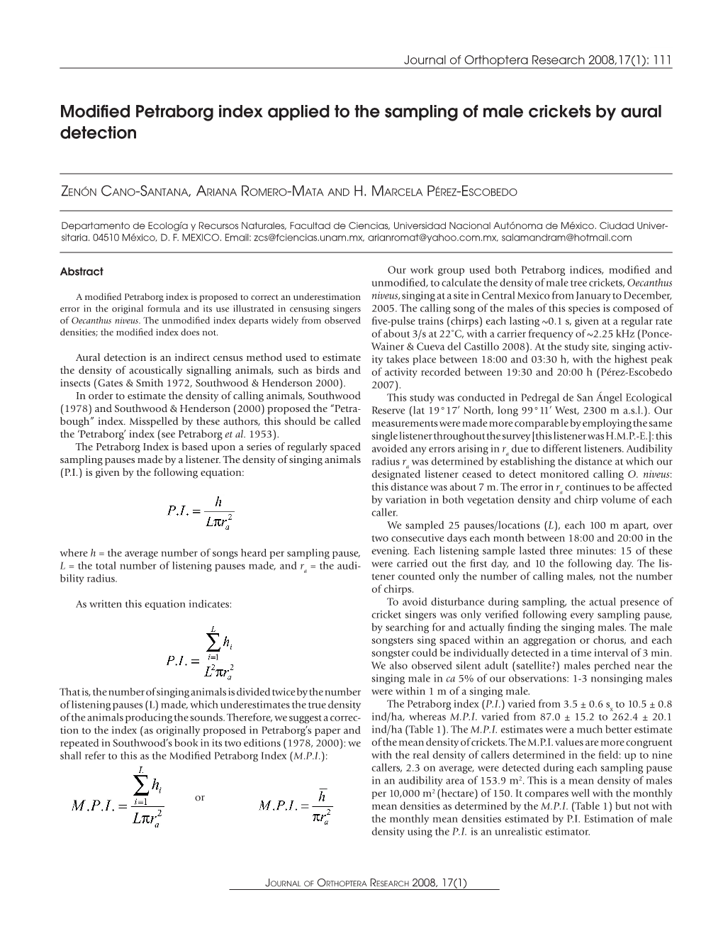 Modified Petraborg Index Applied to the Sampling of Male Crickets by Aural Detection