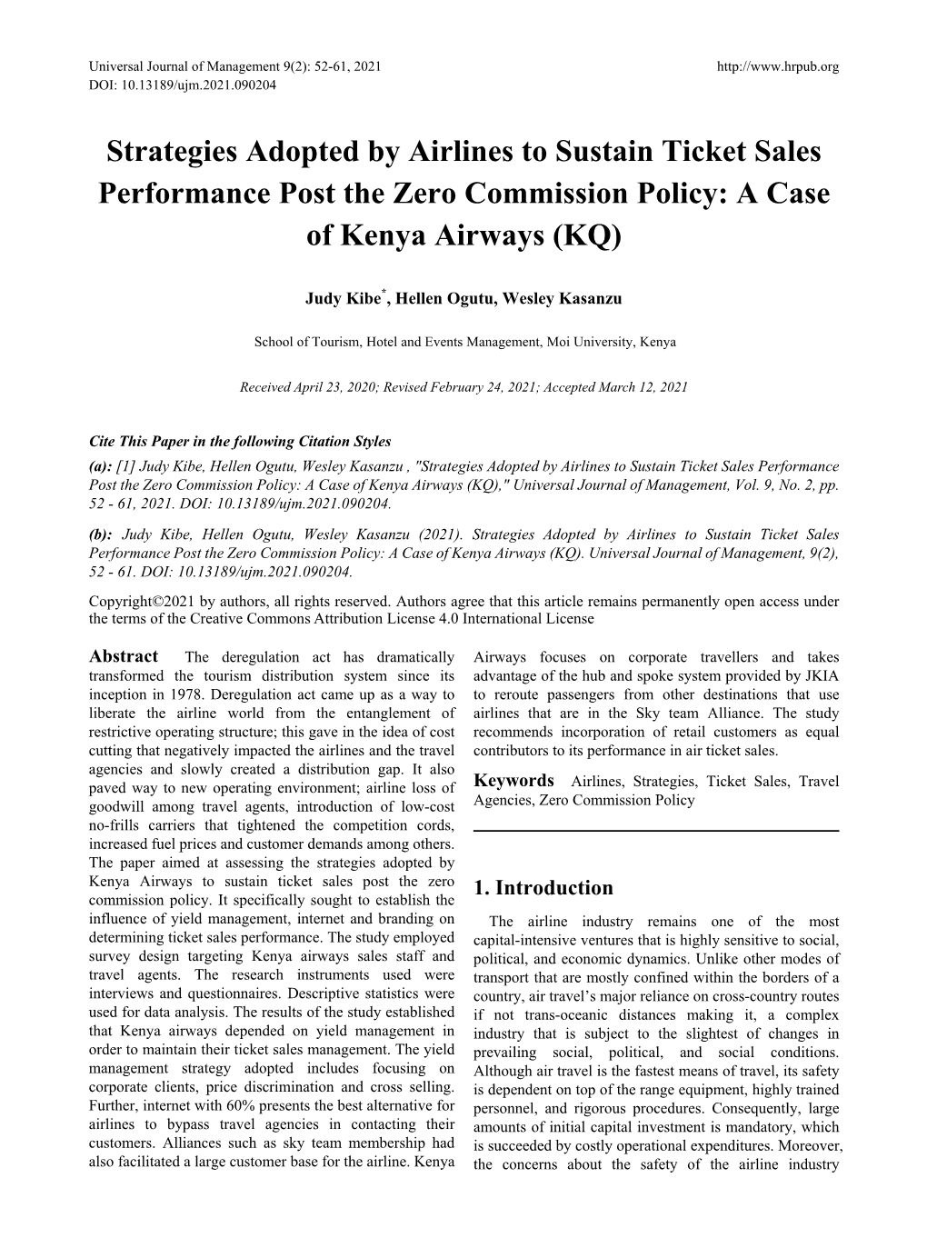 Strategies Adopted by Airlines to Sustain Ticket Sales Performance Post the Zero Commission Policy: a Case of Kenya Airways (KQ)