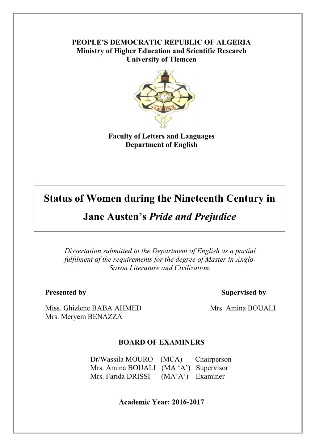 Us of Women During the Nineteenth Century in Jane Austen's Pride And