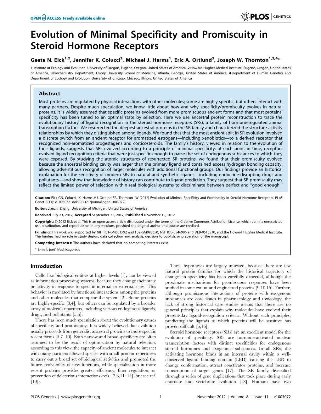 Evolution of Minimal Specificity and Promiscuity in Steroid Hormone Receptors