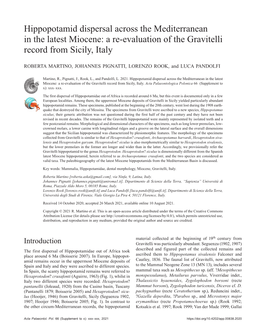 Hippopotamid Dispersal Across the Mediterranean in the Latest Miocene: a Re-Evaluation of the Gravitelli Record from Sicily, Italy