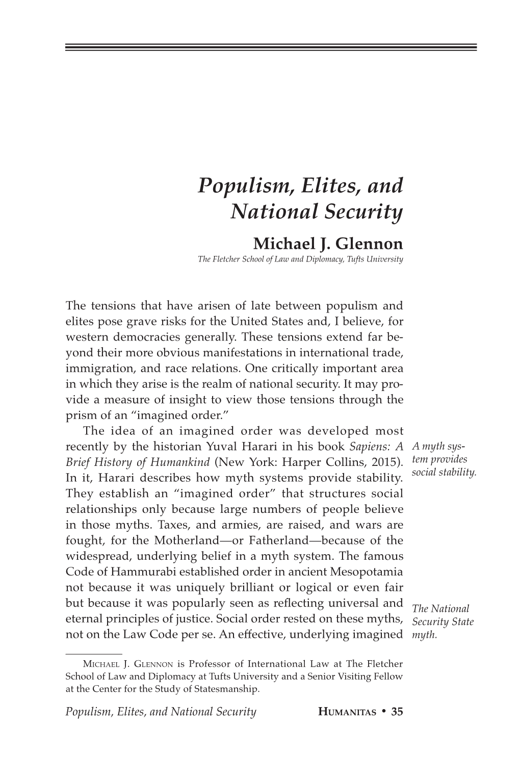 Populism, Elites, and National Security Michael J