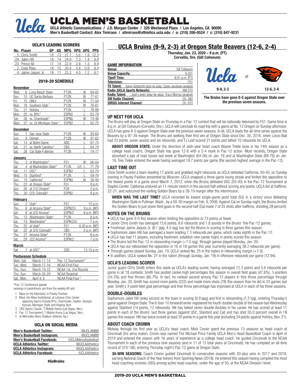 UCLA Men's Basketball UCLA’Sucla SEASON/Careerseason/Career Statistics (As of Jan 19, STATS 2020) 2019-20 ROSTER All Games