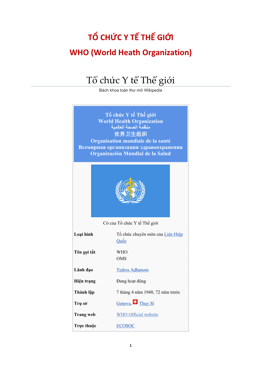 TỔ CHỨC Y TẾ THẾ GIỚI WHO (World Heath Organization)