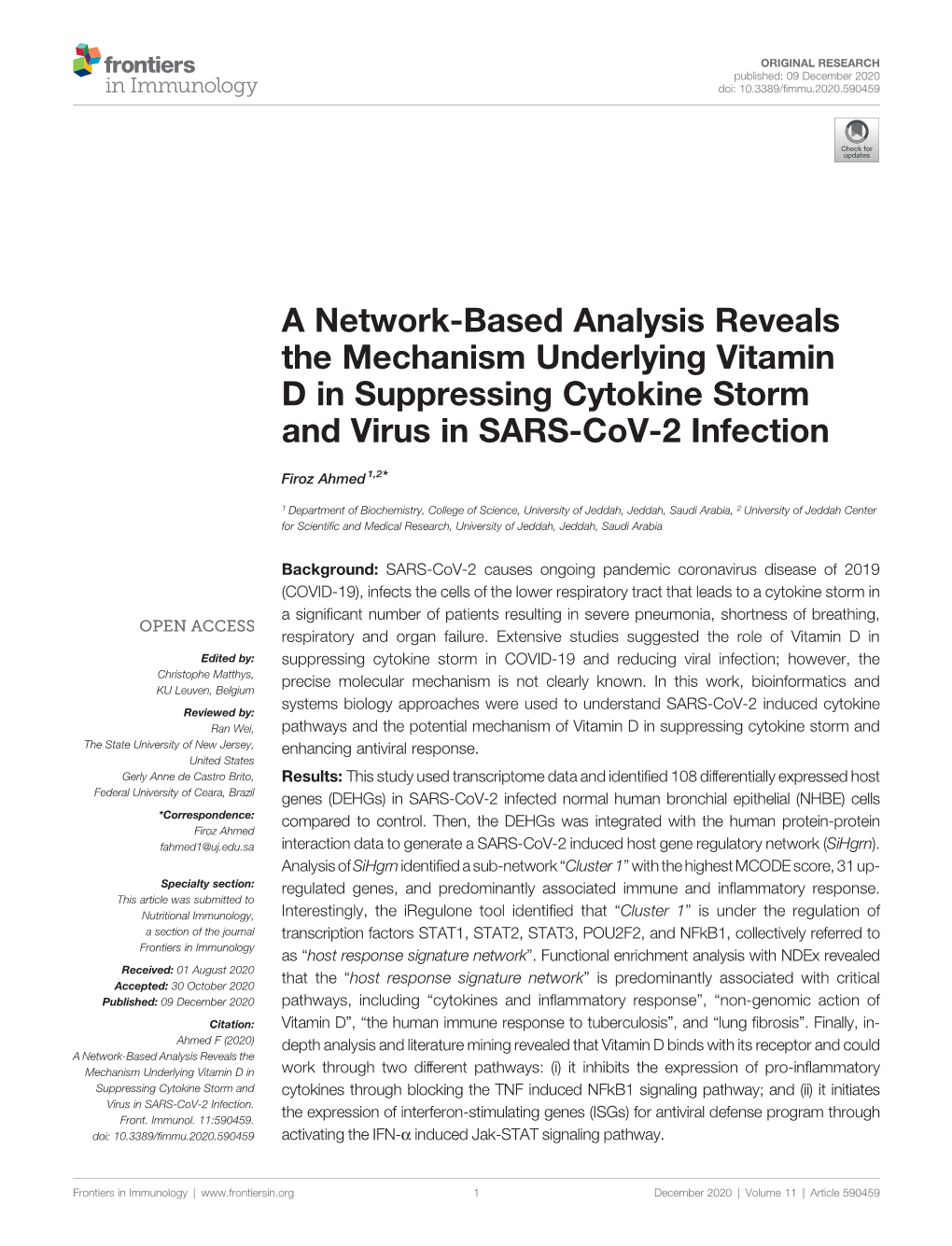 A Network-Based Analysis Reveals the Mechanism Underlying Vitamin D in Suppressing Cytokine Storm and Virus in SARS-Cov-2 Infection