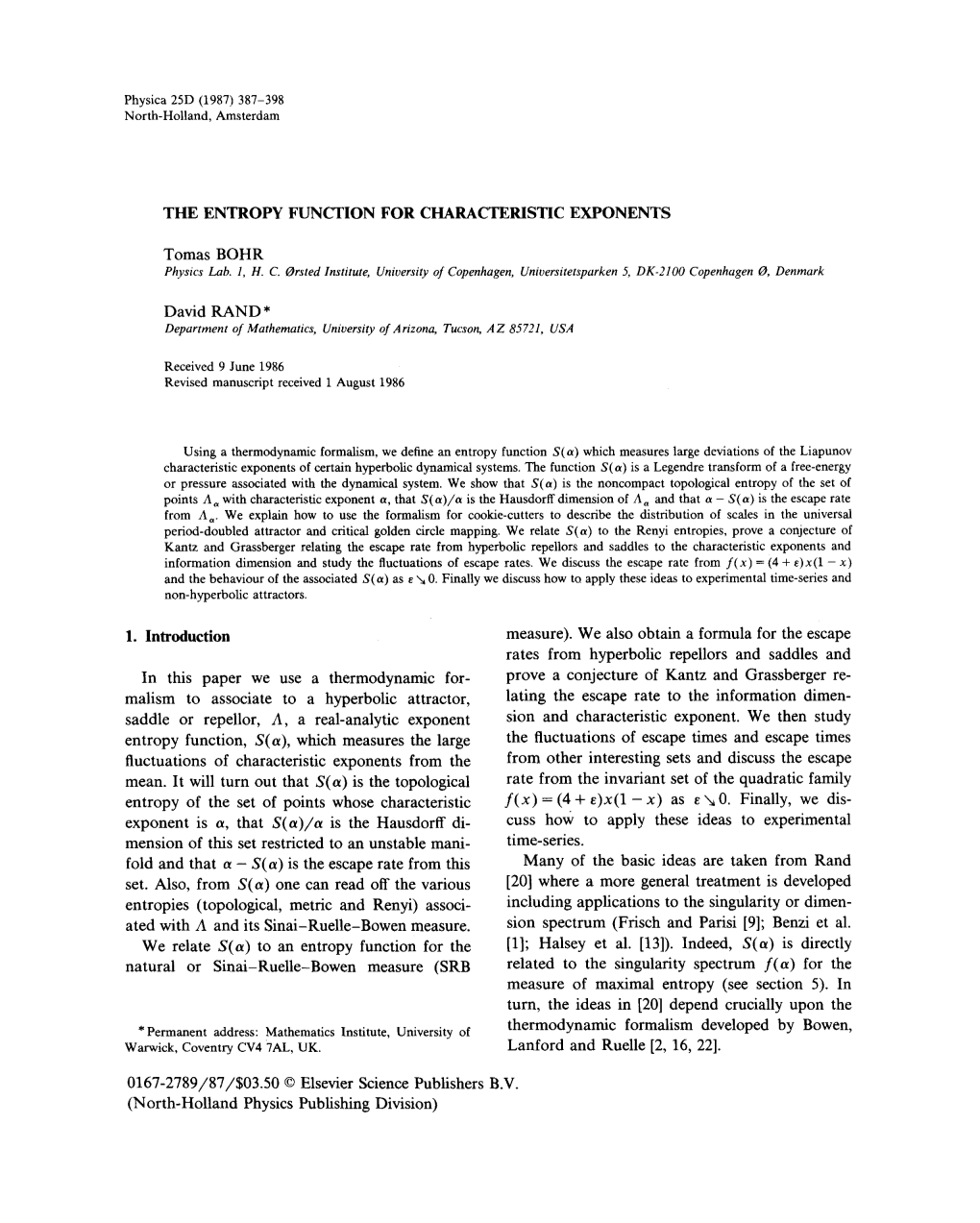 The Entropy Function for Characteristic Exponents