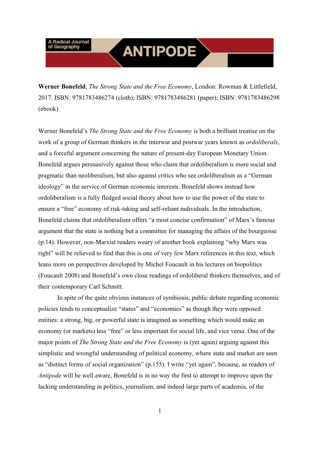 Werner Bonefeld, the Strong State and the Free Economy, London: Rowman & Littlefield, 2017