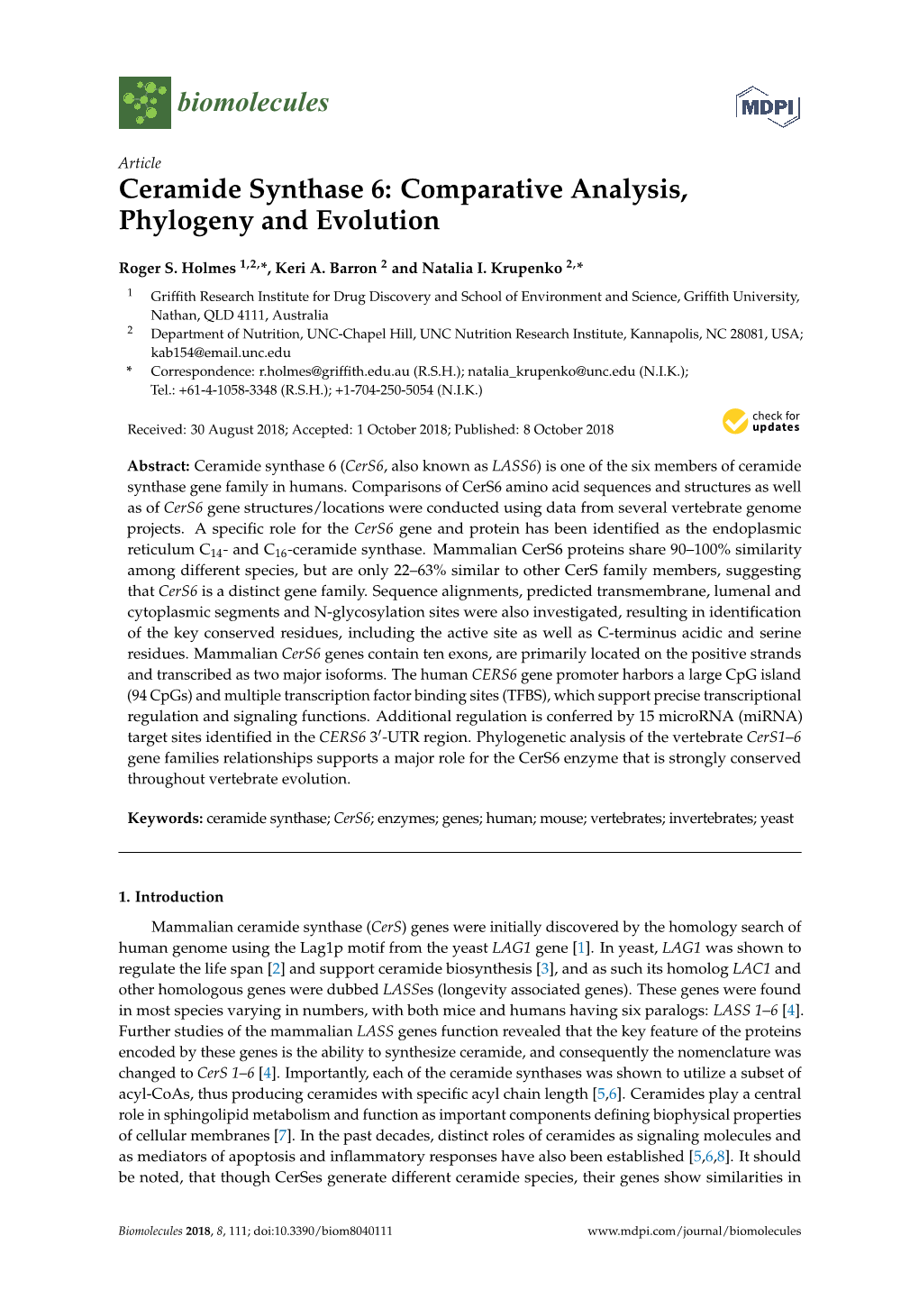 Ceramide Synthase 6: Comparative Analysis, Phylogeny and Evolution