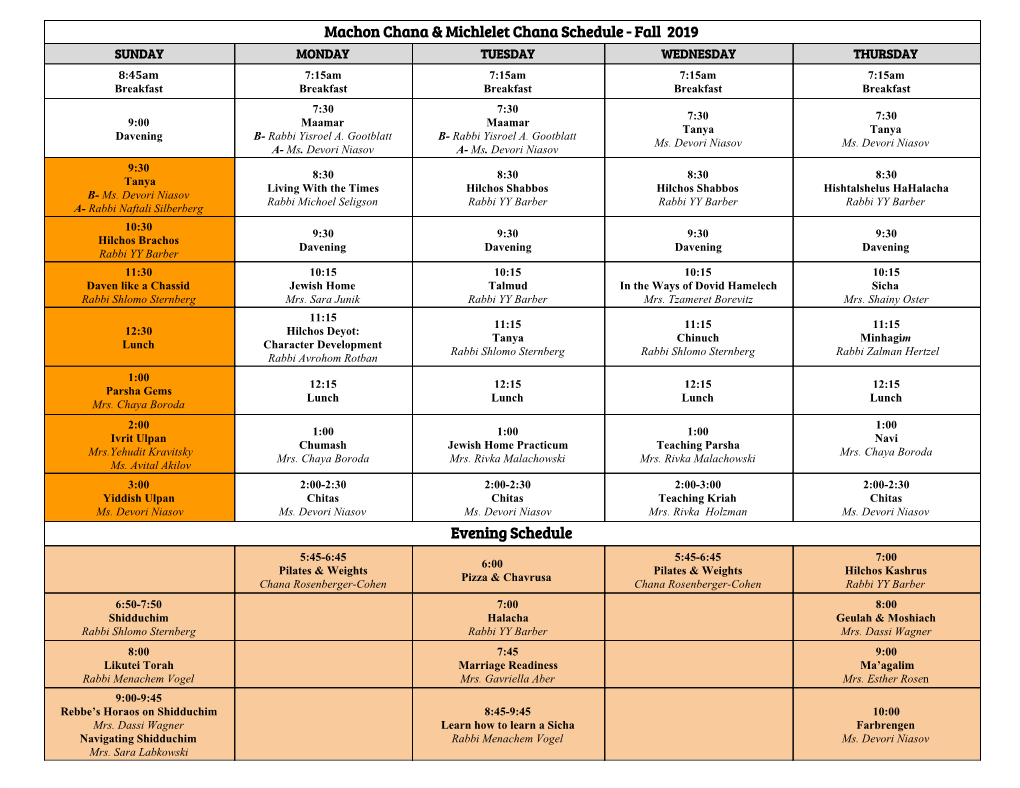 Machon Chana & Michlelet Chana Schedule