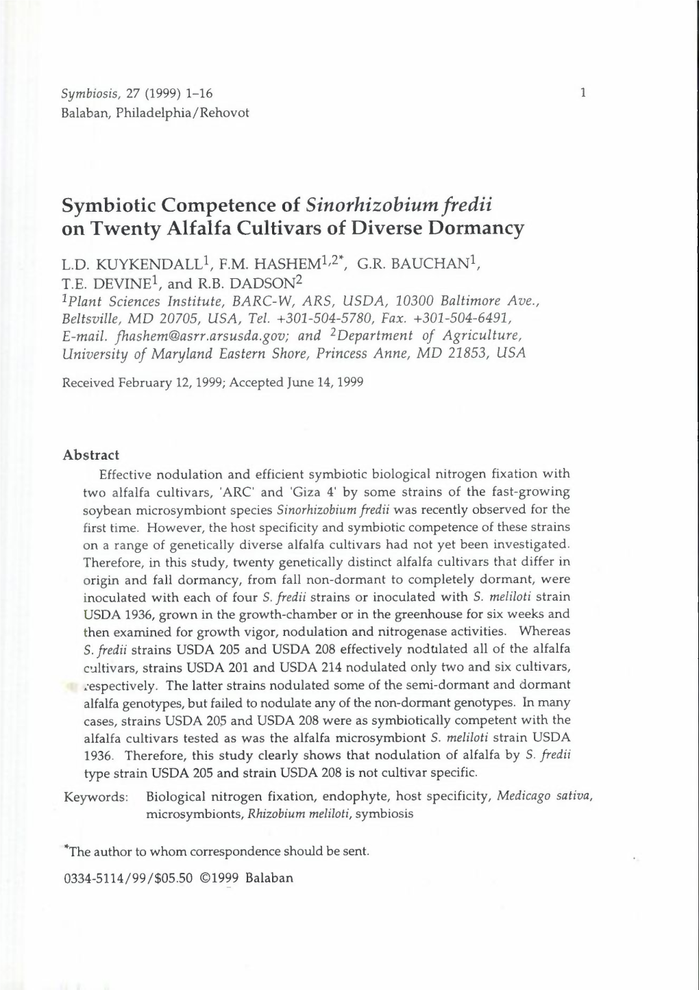 Symbiotic Competence of Sinorhizobium Fredii on Twenty Alfalfa Cultivars of Diverse Dormancy