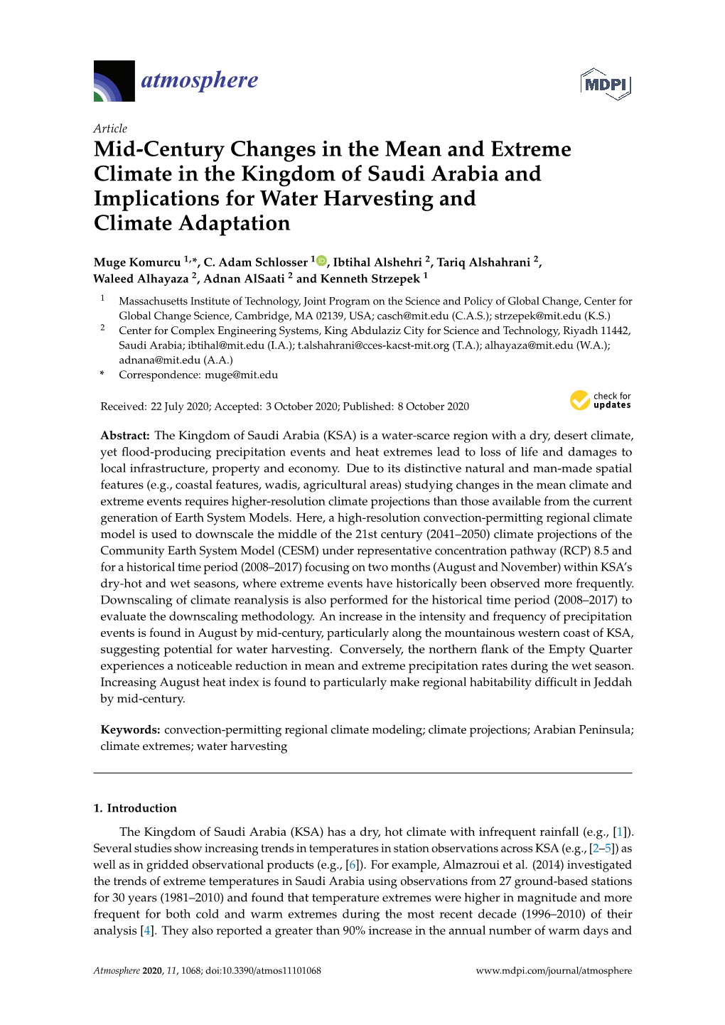 Mid-Century Changes in the Mean and Extreme Climate in the Kingdom of Saudi Arabia and Implications for Water Harvesting and Climate Adaptation