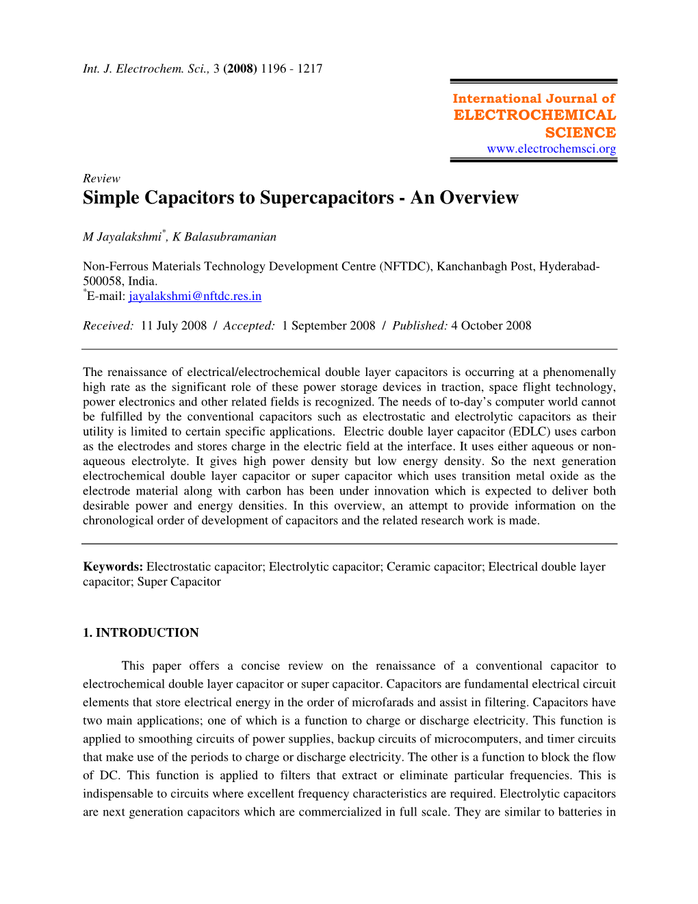 Simple Capacitors to Supercapacitors - an Overview