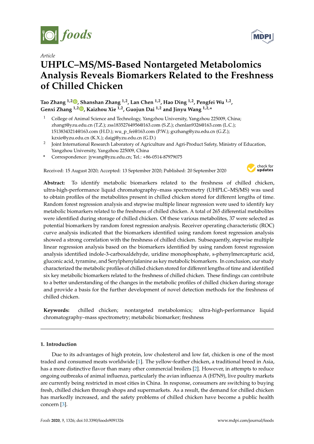 UHPLC–MS/MS-Based Nontargeted Metabolomics Analysis Reveals Biomarkers Related to the Freshness of Chilled Chicken