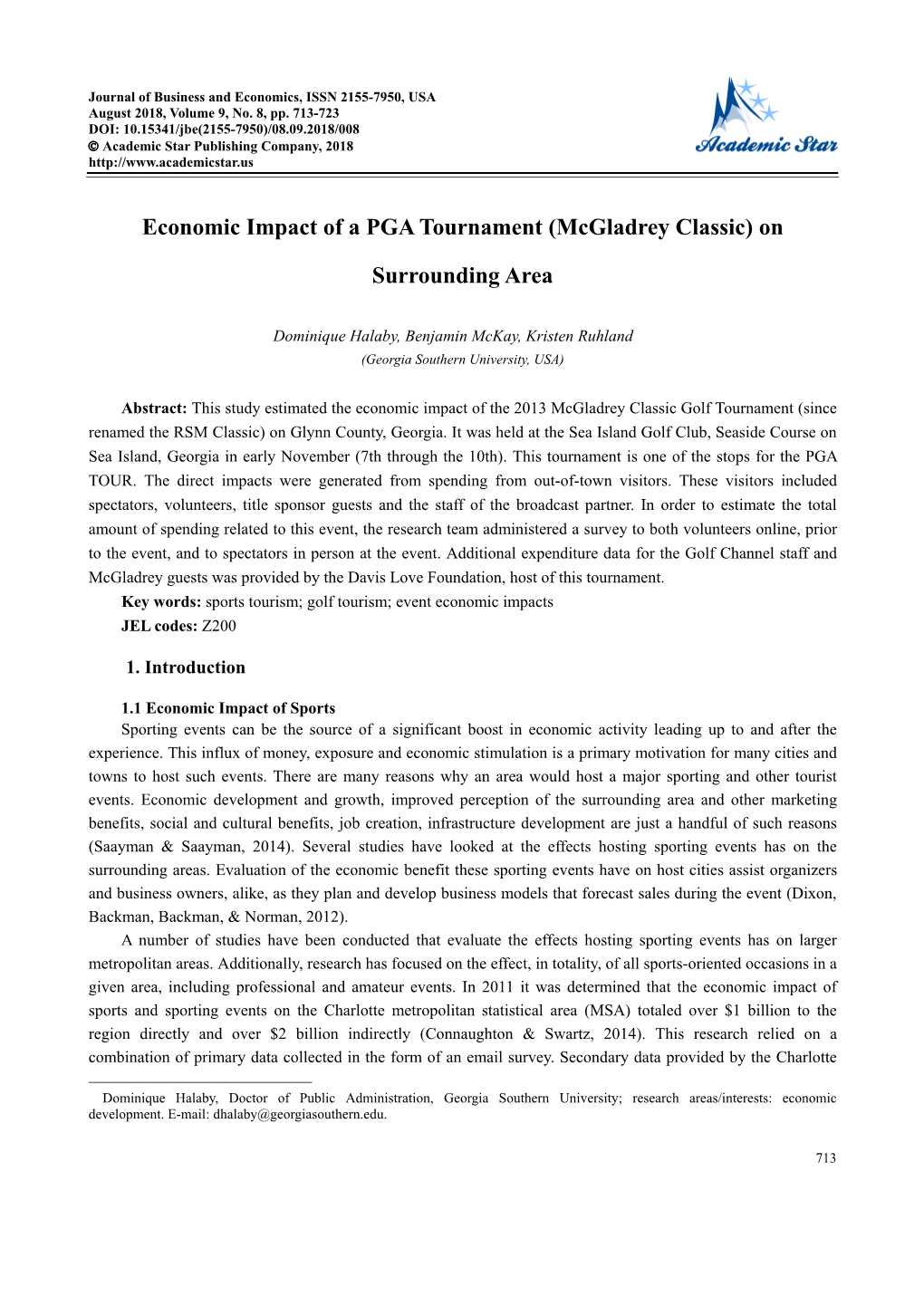 Economic Impact of a PGA Tournament (Mcgladrey Classic) On