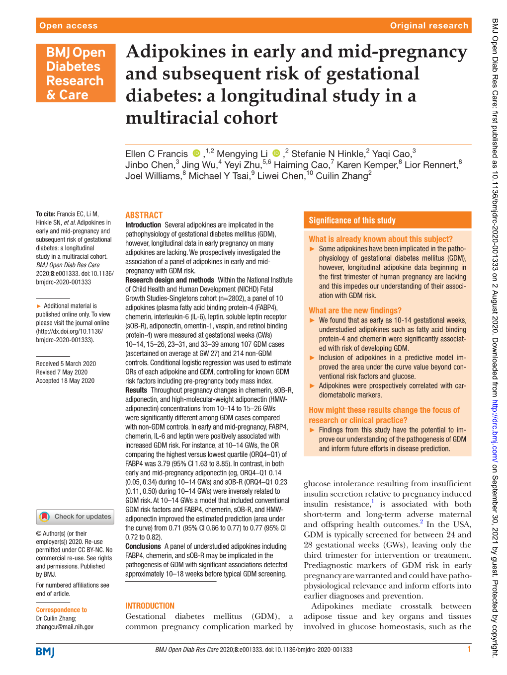 Adipokines in Early and Mid-Pregnancy and Subsequent Risk of Gestational Diabetes