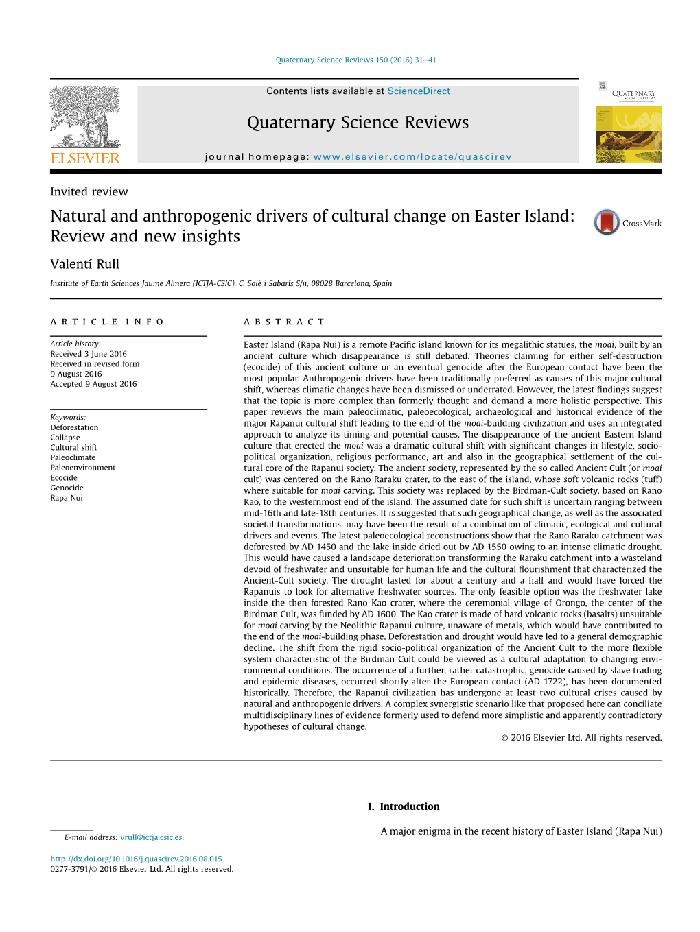 Natural and Anthropogenic Drivers of Cultural Change on Easter Island: Review and New Insights