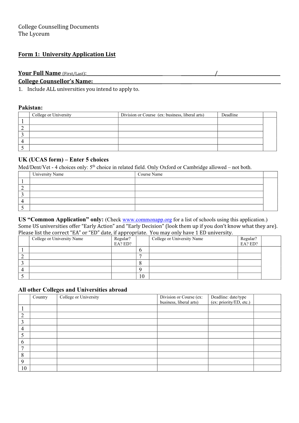 College Counselling Documents the Lyceum Form 1