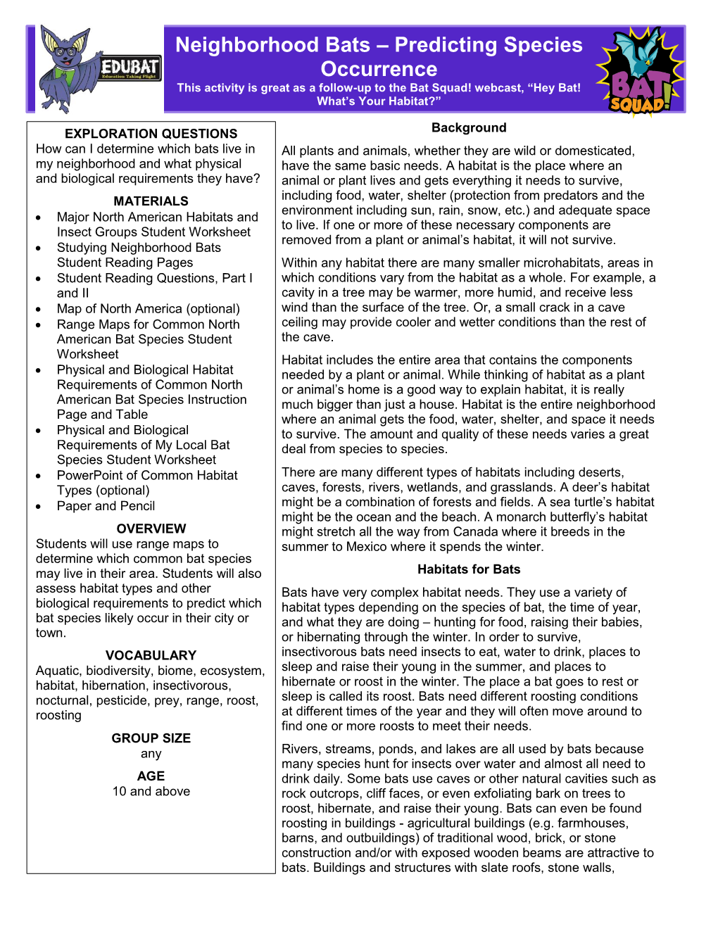 Neighborhood Bats – Predicting Species Occurrence This Activity Is Great As a Follow-Up to the Bat Squad! Webcast, “Hey Bat! What’S Your Habitat?”