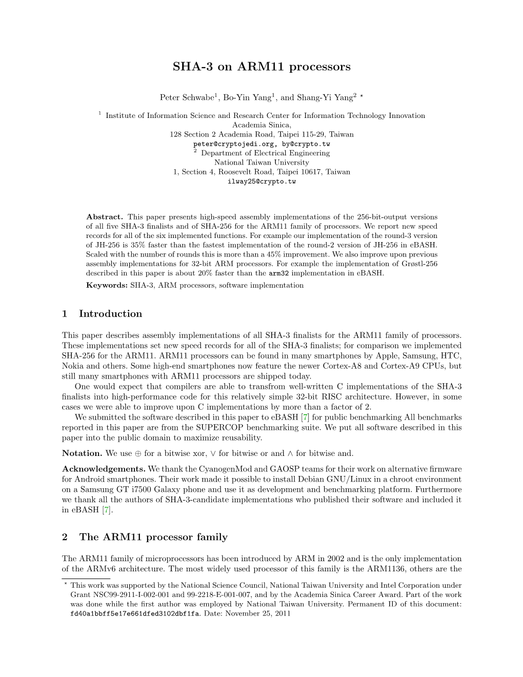 SHA-3 on ARM11 Processors