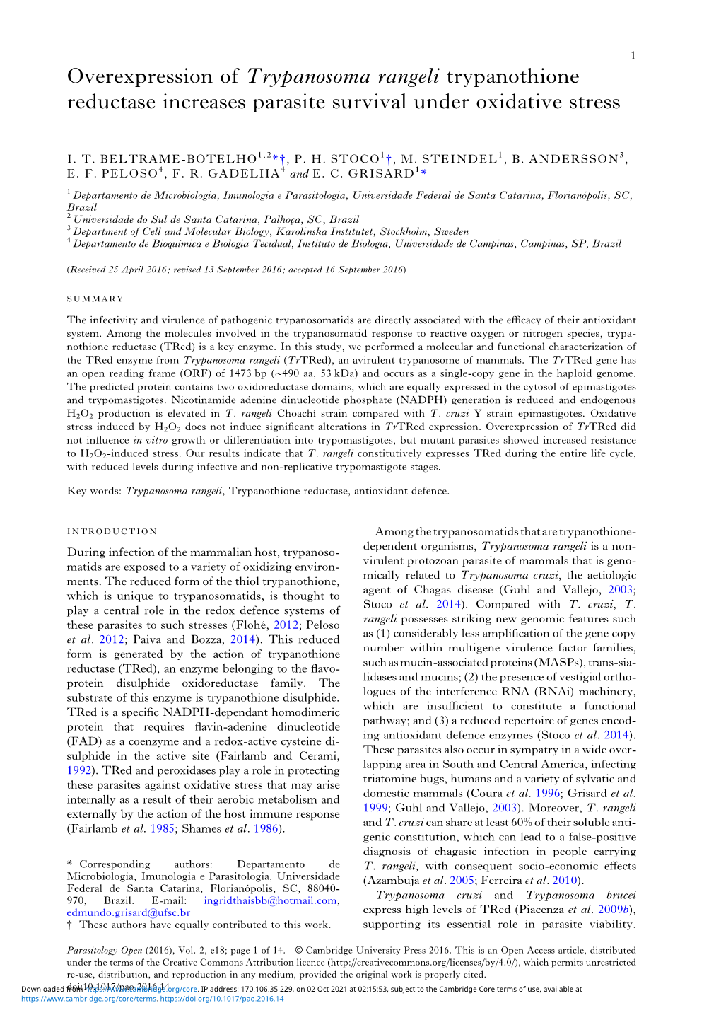 Overexpression of Trypanosoma Rangeli Trypanothione Reductase Increases Parasite Survival Under Oxidative Stress