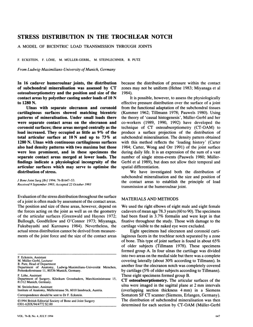 Stress Distribution in the Trochlear Notch