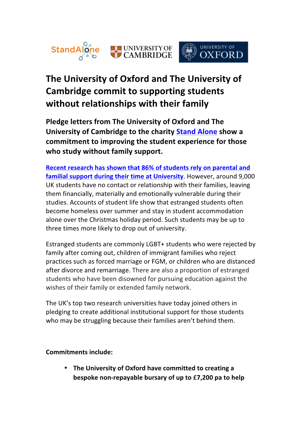 The University of Oxford and the University of Cambridge Commit to Supporting Students Without Relationships with Their Family