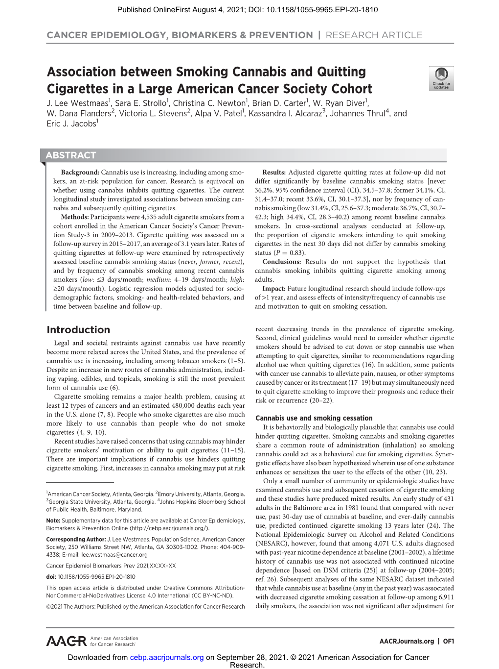 Association Between Smoking Cannabis and Quitting Cigarettes in a Large American Cancer Society Cohort J