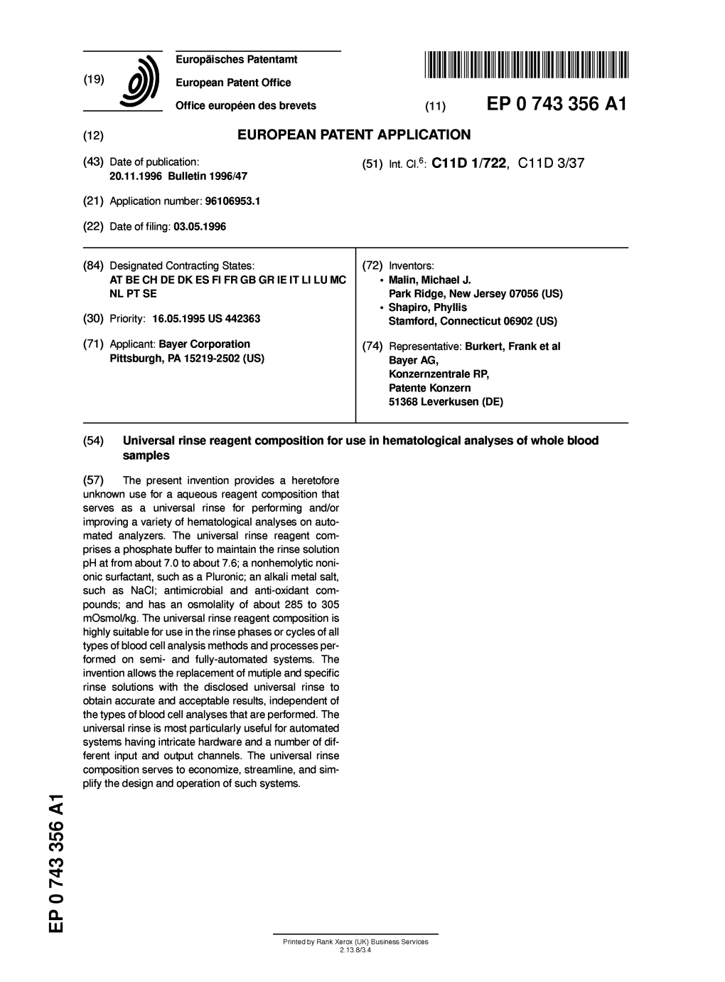 Universal Rinse Reagent Composition for Use in Hematological Analyses of Whole Blood Samples