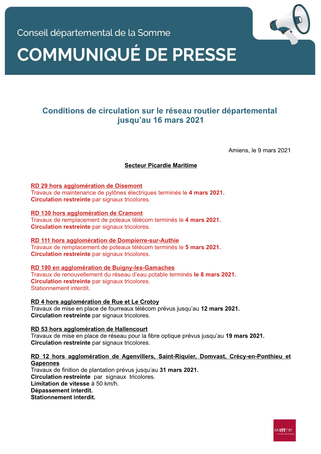Conditions De Circulation Sur Le Réseau Routier Départemental Jusqu'au 16