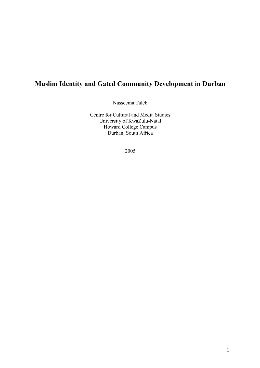 Muslim Identity and Gated Community Development in Durban