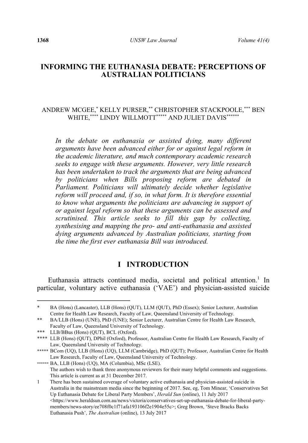 Informing the Euthanasia Debate: Perceptions of Australian Politicians