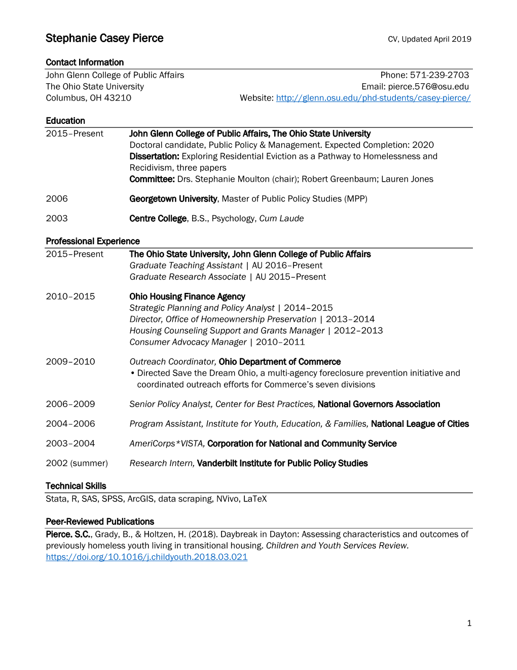 Stephanie Casey Pierce CV, Updated April 2019