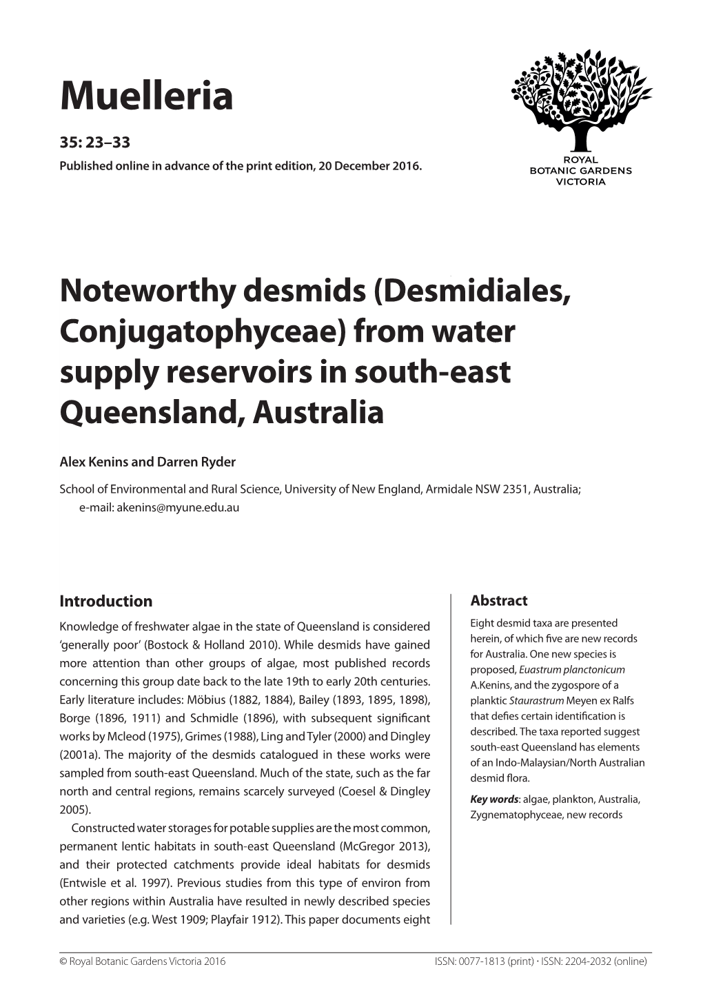 Noteworthy Desmids (Desmidiales, Conjugatophyceae) from Water Supply Reservoirs in South-East Queensland, Australia