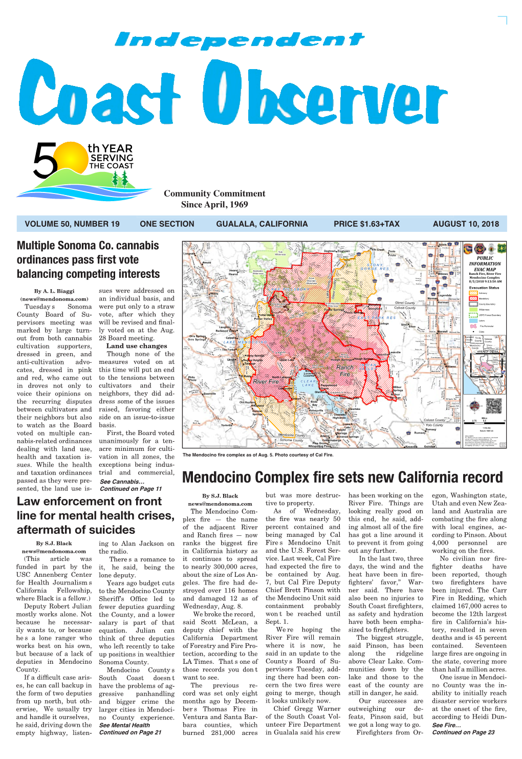 Mendocino Complex Fire Sets New California Record Sented, the Land Use Is- Continued on Page 11 by S.J