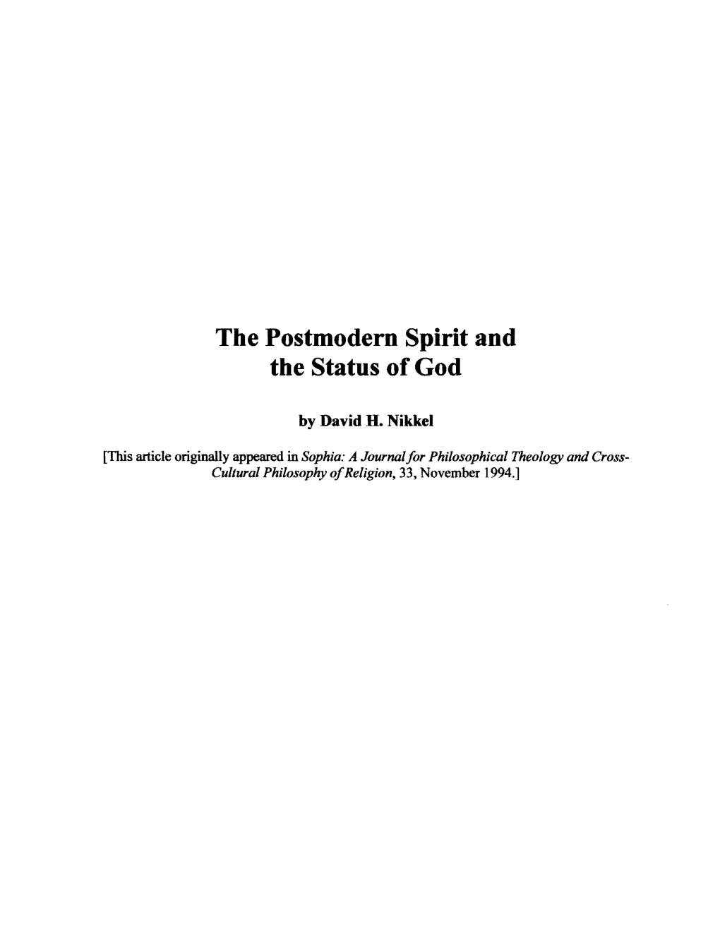 The Postmodern Spirit and the Status of God