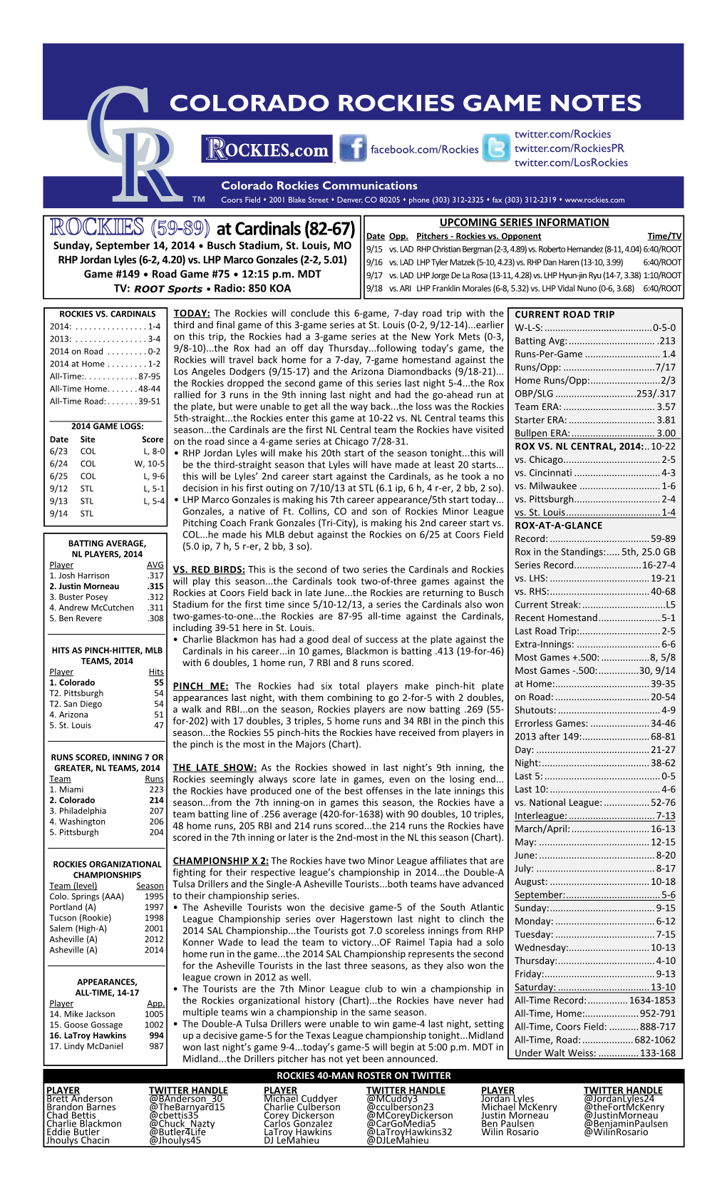 Colorado Rockies Game Notes