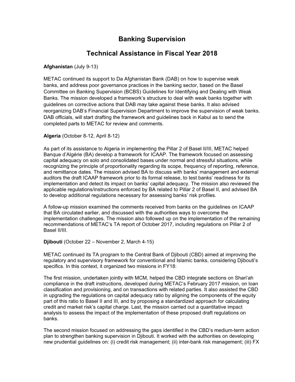 Banking Supervision Technical Assistance in Fiscal Year 2018