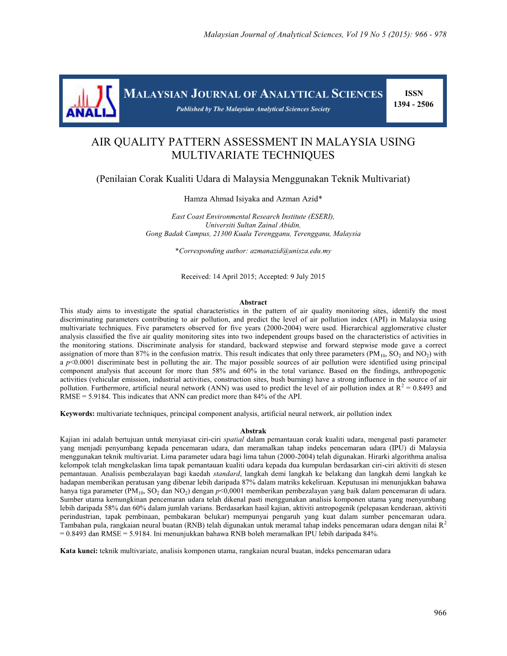 Air Quality Pattern Assessment in Malaysia Using Multivariate Techniques