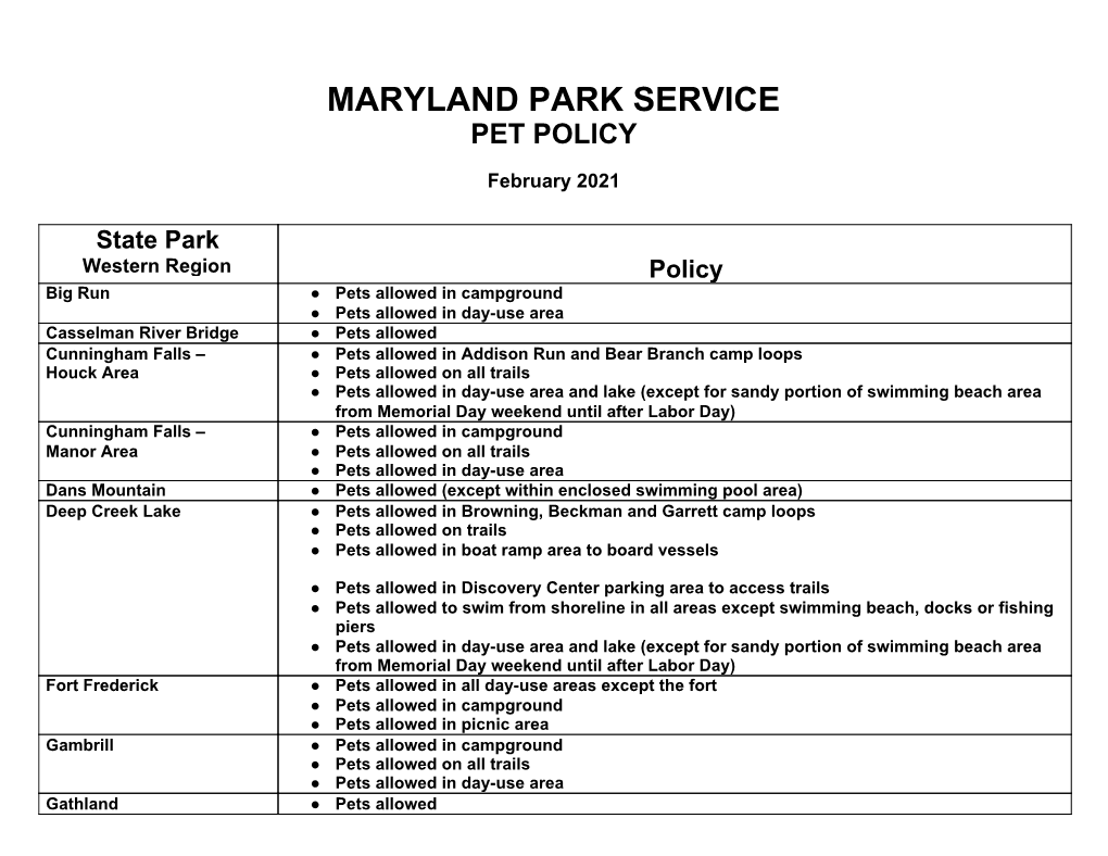 Maryland Park Service Pet Policy for All State Parks