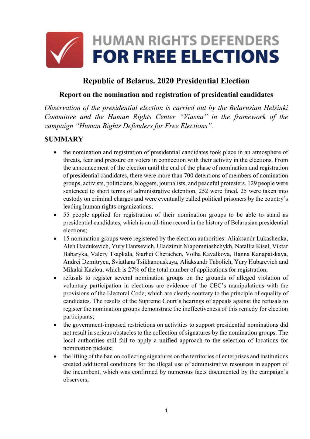 Republic of Belarus. 2020 Presidential Election