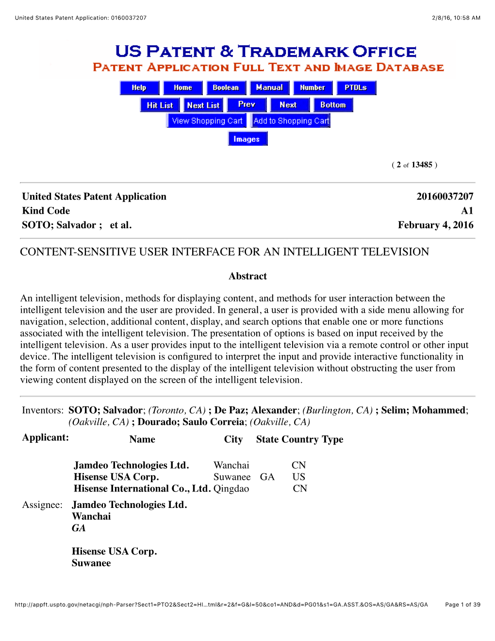 United States Patent Application: 0160037207 2/8/16, 10:58 AM