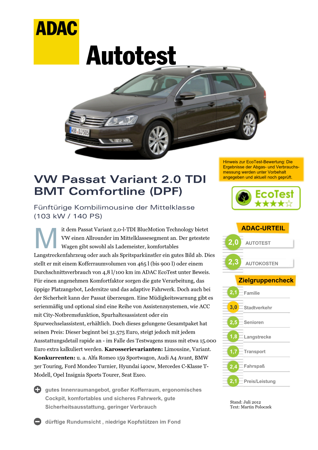 VW Passat Variant 2.0 TDI BMT Comfortline (DPF) © ADAC E.V