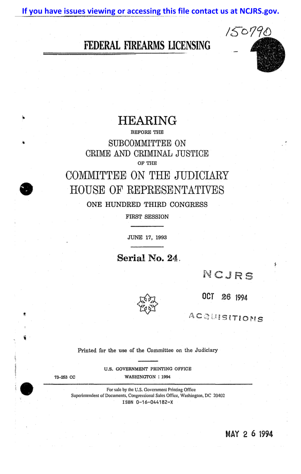 Hearing Before the Subcommittee on Crime and Criminal Justice of the Committee on the Judiciary House of Represe~Ttatives One Hundred Third Congress First Session
