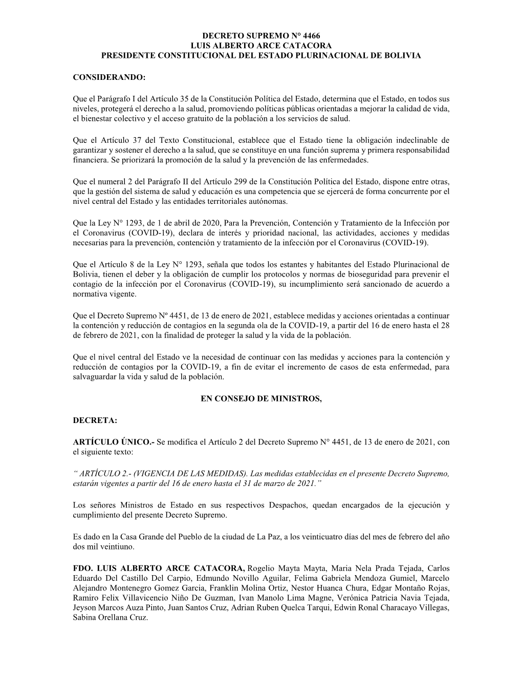 Decreto Supremo N° 4466 Luis Alberto Arce Catacora Presidente Constitucional Del Estado Plurinacional De Bolivia