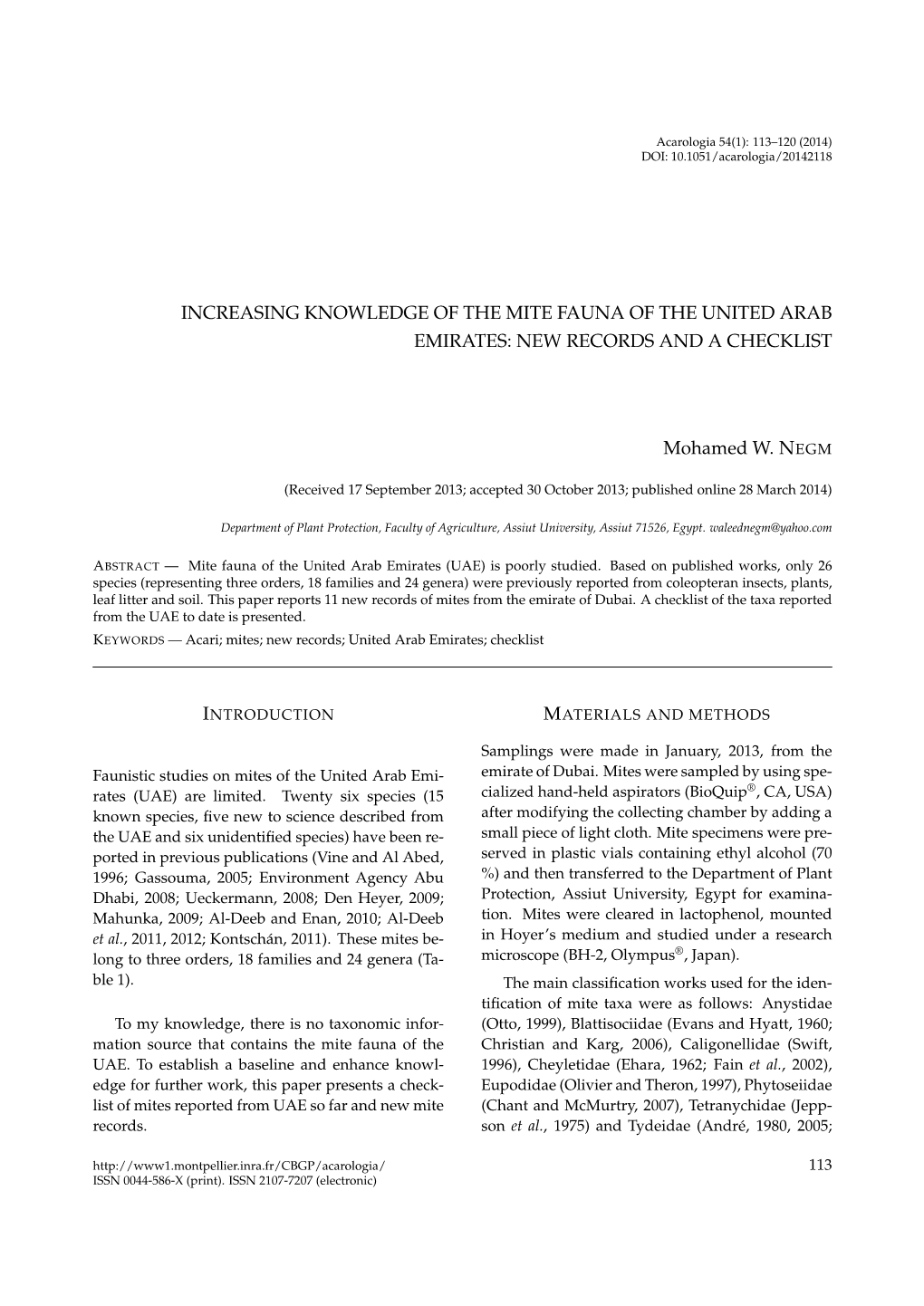 Increasing Knowledge of the Mite Fauna of the United Arab Emirates: New Records and a Checklist