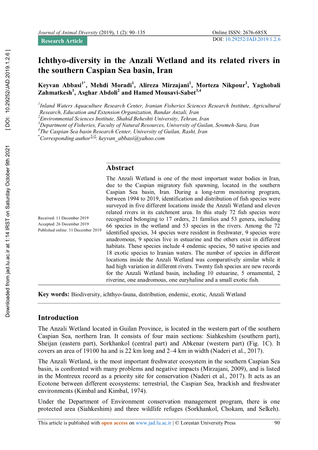 Ichthyo-Diversity in the Anzali Wetland and Its Related Rivers in the Southern Caspian Sea Basin, Iran