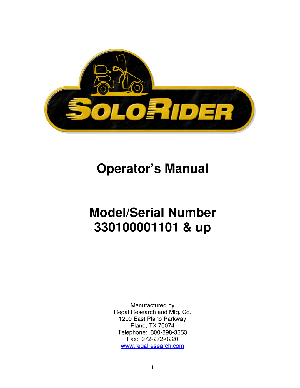 Operator's Manual Model/Serial Number 330100001101 & Up